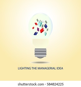 Lighting the managerial idea concept, light bulb with books inside