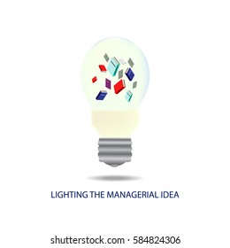 Lighting the managerial idea concept, light bulb with books inside