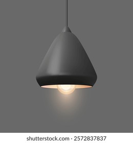 Lighting. Modern black cone-shaped pendant lamp with a glowing light bulb. Contemporary lighting, interior design, warm illumination, home decor, and functional minimalist style for spaces