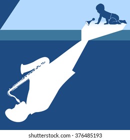 Lighting on the stage make the shadow of a baby to be the musician who is playing saxophone on the ground.
(EPS10 Art vector)