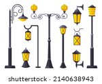 Lighting outdoor garden urban fixture flat set. Front street lamp spot outside inside building courtyard technique street. Modern classic gothic style various size design road electricity isolated