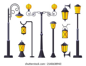 Lighting outdoor garden urban fixture flat set. Front street lamp spot outside inside building courtyard technique street. Modern classic gothic style various size design road electricity isolated