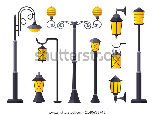 Lighting outdoor garden urban fixture flat set.\
Front street lamp spot outside inside building courtyard technique\
street. Modern classic gothic style various size design road\
electricity isolated