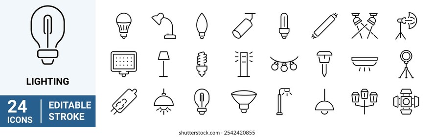 Conjunto de iconos de contorno de iluminación. luz ambiental, tira de led, luz incandescente, lámpara, lámpara de pie.