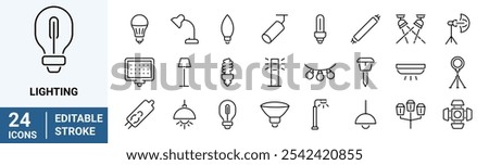 lighting outline icon set. ambient light, led strip, incandescent light, lamp, floor lamp.