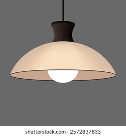 Lighting. Pendant lamp with a beige dome-shaped shade and glowing white bulb. Interior lighting, modern decor, minimalist design, warm illumination, and functional home or workspace lighting