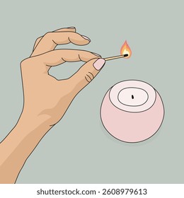 Lighting a pink candle with a matchstick vector illustration