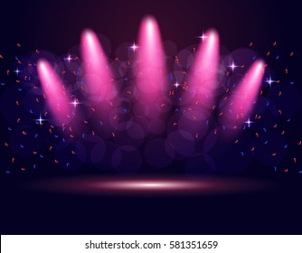 Lighting podium, stage spotlights. Abstraction. The gradient purple background. Vector illustration