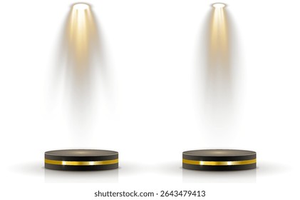 Lighting rig simulates premium showcase experience. Isolated spotlight draws central focus point. Realistic glow defines mood precision. Shimmer beam floats in vector scene.