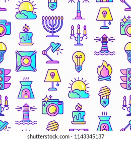 Lighting seamless pattern with thin line icons: bulb, LED, CFL, candle, table lamp, sunlight, spotlight, flash, candelabrum, bonfire, menorah, lighthouse, night aroma lamp. Modern vector illustration.