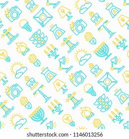 Lighting seamless pattern with thin line icons: bulb, LED, CFL, candle, table lamp, sunlight, spotlight, flash, candelabrum, bonfire, menorah, lighthouse, night aroma lamp. Modern vector illustration.
