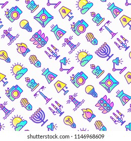 Lighting seamless pattern with thin line icons: bulb, LED, CFL, candle, table lamp, sunlight, spotlight, flash, candelabrum, bonfire, menorah, lighthouse, night aroma lamp. Modern vector illustration.