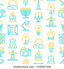 Lighting seamless pattern with thin line icons: bulb, LED, CFL, candle, table lamp, sunlight, spotlight, flash, candelabrum, bonfire, menorah, lighthouse, night aroma lamp. Modern vector illustration.
