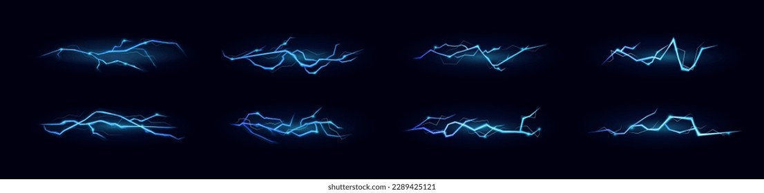 Lighting set, electric effects. Thunder crack, storm energy flash lightning, thunderbolt discharge, impact of impulse. Thunderstorm blitz. Vector recent isolated on black 3d blue elements