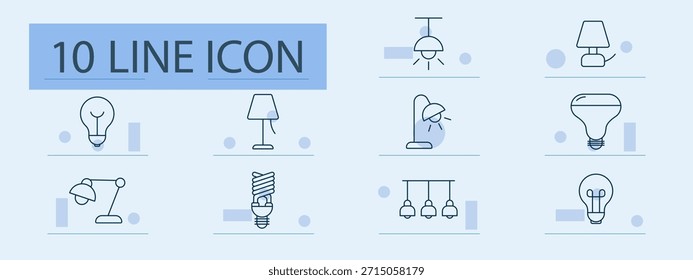 Lighting set icon. Bulb, lamp, ceiling, desk light, floor lamp, chandelier, smart bulb, spotlight, energy, illumination, decor, electricity, modern, home, interior, minimal, room