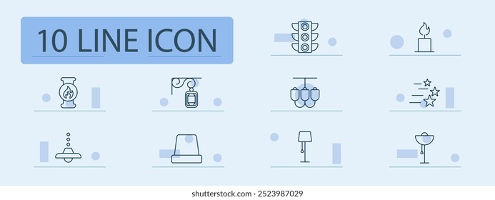 Lighting set icon. Candle, lamp, chandelier, lantern, stars, streetlight, traffic light, cozy light, flame, fire pit, decor lighting