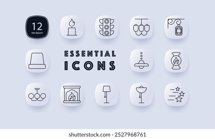 Lighting set icon. Candle, traffic light, chandelier, lamp post, street lantern, fireplace, modern lamp, lantern. Best for interior, decor, and lighting design themes