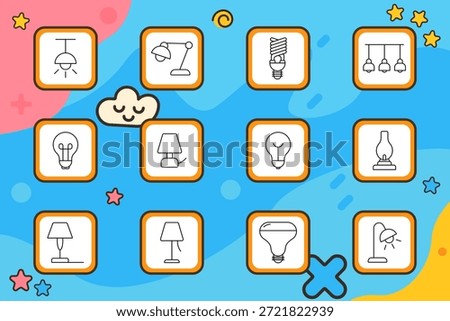 Lighting set icon. Ceiling lamp, desk lamp, spiral bulb, chandelier, table lamp, incandescent, oil lamp, spotlight, switch, illumination, decor. Interior, electricity, fixture, home.