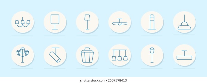 Lighting set icon. Chandelier, lamp, floor, ceiling fan, pendant, streetlight, spot, lantern, pendant, overhead, interior, fixture, illumination, decor, home, room, electric