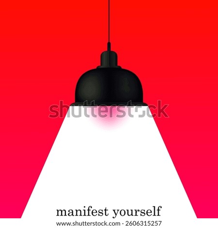 Lighting set icon. Hanging black lamp with bright light on light background and phrase manifest yourself symbolizes spotlight moment, creativity, personal growth.