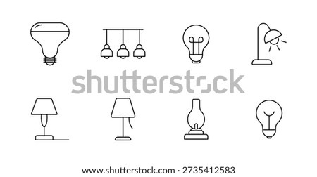 Lighting set icon. LED bulb, hanging lamp, filament bulb, spotlight, desk lamp, floor lamp, oil lamp, smile bulb drawn in outlined electrical style.