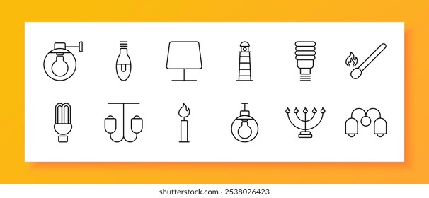 Ícone do conjunto de luzes. Sol, lanterna, conce de parede, isqueiro, luz de estúdio, lâmpada de mesa, lâmpada, vela, candelabro, chama, lanterna, matchstick