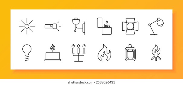 Ícone do conjunto de luzes. Sol, lanterna, conce de parede, isqueiro, luz de estúdio, lâmpada de mesa, lâmpada, vela, candelabro, chama, lanterna, matchstick. Os ícones representam vários tipos de iluminação