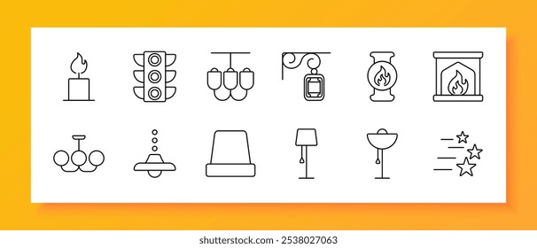 Lighting and signal set icon. Candle, traffic light, street lamps, hanging lantern, fire torch, fireplace, chandelier, ceiling light, spotlight, table lamp, wall lamp, starlight