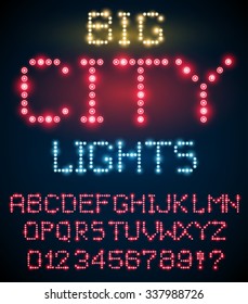 Lighting signs alphabet, letter set from red  light bulbs. Vector font 