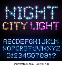 Lighting signs alphabet, letter set from blue light bulbs. Vector font 