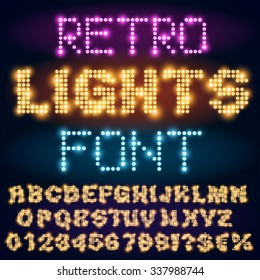 Lighting signs alphabet, letter set from yellow bold light bulbs. Vector font 