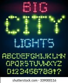 Lighting signs alphabet, letter set from green light bulbs. Vector font 