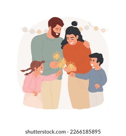 Lighting sparklers isolated cartoon vector illustration. Family with children lighting sparklers together, having party for public holiday celebration, festive days with friends vector cartoon.