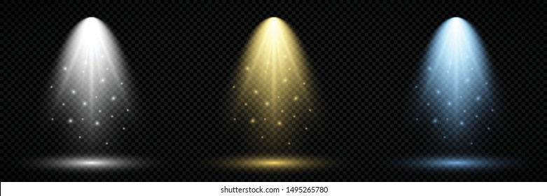Lighting with spotlight. Set of three scene illumination effects with cold white, yellow and blue lighting on a dark transparent background. Vector illustration