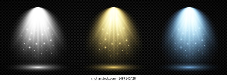Lighting with spotlight. Set of three scene illumination effects with cold white, yellow and blue lighting on a dark transparent background. Vector illustration