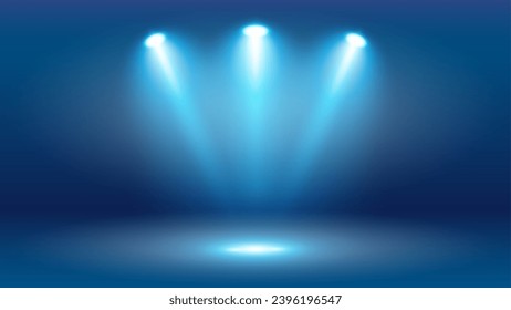 Iluminación del escenario con tres vigas azules de foco sobre un fondo azul oscuro. Efectos de iluminación transparentes brillantes. Ilustración vectorial.