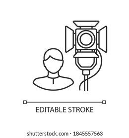 Lighting technician linear icon. Professional worker for electrical equipment. Thin line customizable illustration. Contour symbol. Vector isolated outline drawing. Editable stroke