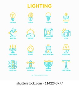 Lighting thin line icons set: bulb, LED, CFL, candle, table lamp, sunlight, spotlight, flash, candelabrum, bonfire, menorah, lighthouse, night aroma lamp. Modern vector illustration.