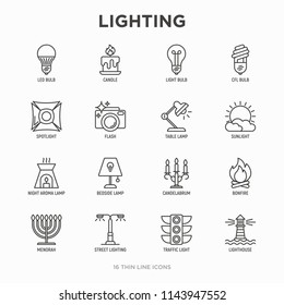 Lighting thin line icons set: bulb, LED, CFL, candle, table lamp, sunlight, spotlight, flash, candelabrum, bonfire, menorah, lighthouse, night aroma lamp. Modern vector illustration.