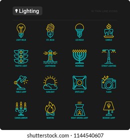 Lighting thin line icons set: bulb, LED, CFL, candle, table lamp, sunlight, spotlight, flash, candelabrum, bonfire, menorah, lighthouse, night aroma lamp. Modern vector illustration.