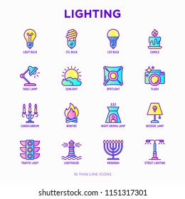 Lighting thin line icons set: bulb, LED, CFL, candle, table lamp, sunlight, spotlight, flash, candelabrum, bonfire, menorah, lighthouse, night aroma lamp. Modern vector illustration.