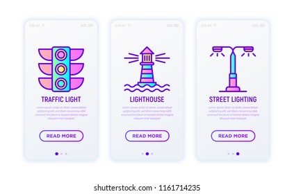 Lighting thin line icons set: traffic light, lighthouse. street lighting. Modern vector illustration for user mobile app.