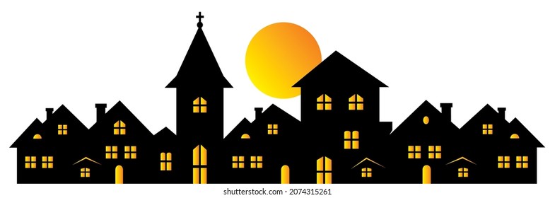 lighting town, black and orange vector illustration, silhouette