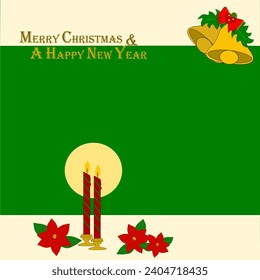 The lighting from two candles, Three Christmas flowers on the background, and the bells with Merry Christmas and A Happy New Year 2024.