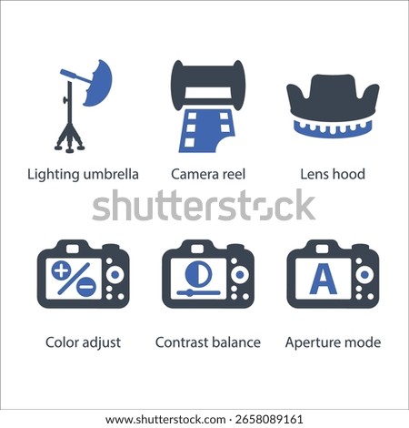 Lighting umbrella, Camera reel, Lens hood, Colour adjust, Contrast balance, Aperture mode, icon