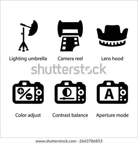 Lighting umbrella, Camera reel, Lens hood, Colour adjust, Contrast balance, Aperture mode, icon