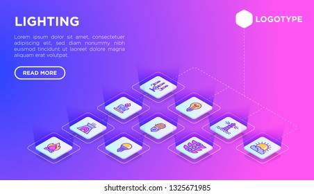 Lighting web page template with thin line isometric icons: bulb, LED, CFL, candle, table lamp, sunlight, spotlight, flash, candelabrum, menorah, lighthouse, night aroma lamp. Vector illustration.