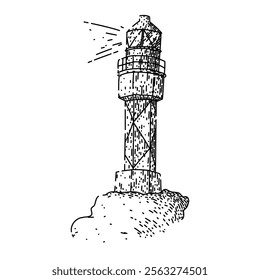 lightkeeper lighthouse hand drawn. lens signal, guide ocean, safety seafaring lightkeeper lighthouse vector sketch. isolated black illustration