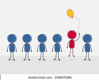 lightness of a person, movement up, be different, fly out of the crowd, balloon, stickman takes off, stick figure people illustration