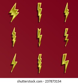 Lightning 3d icons set. Golden yellow bolts with shadow. metallic 3d. Electricity theme.